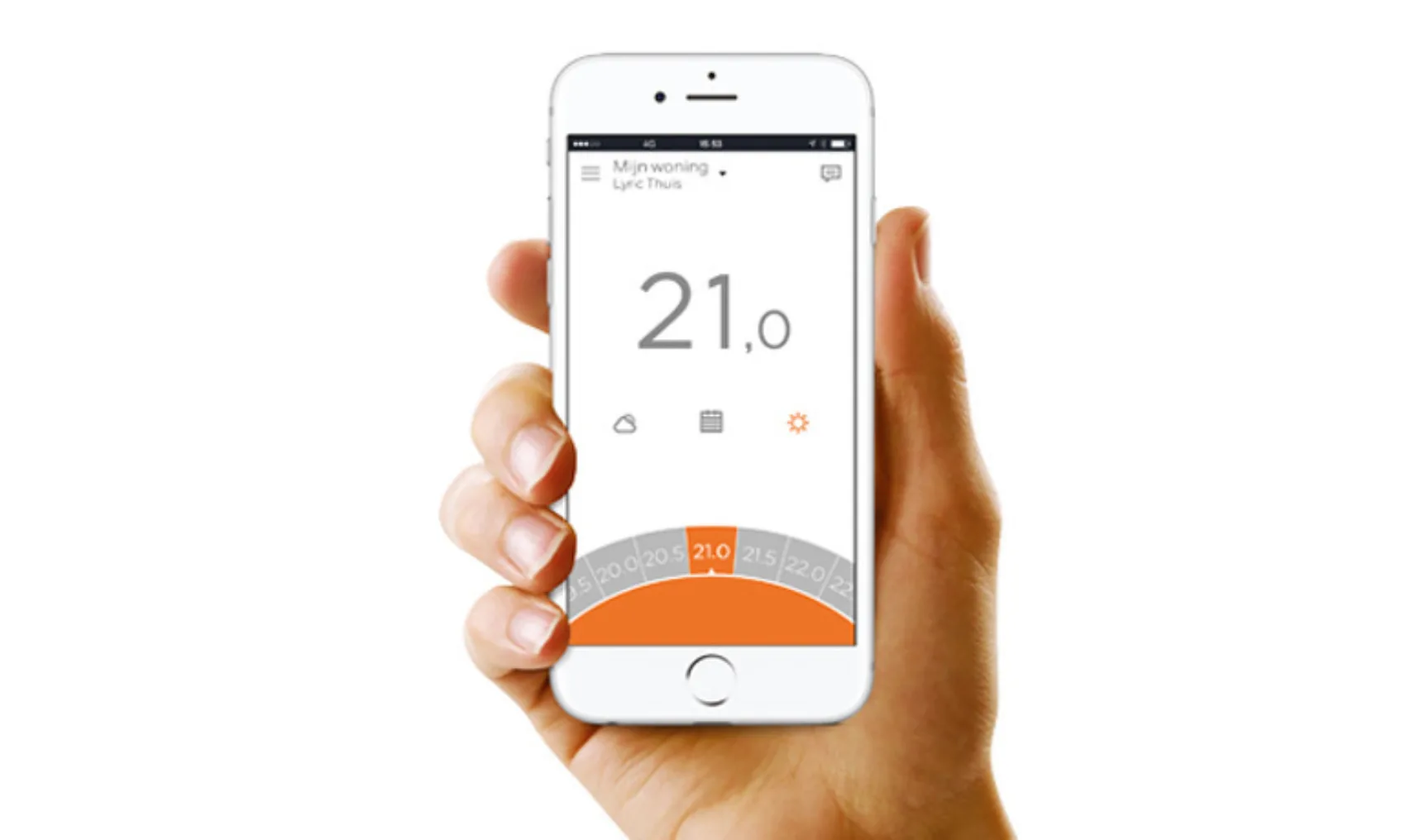 Hand en iphone voor slider online editorial